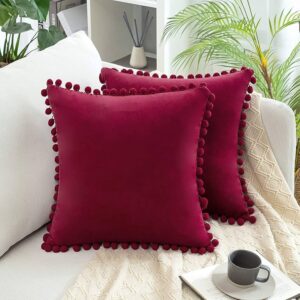 Velvet Pompom Cushion Cover 16x16 Inch - Set of 2 Large Square Throw Pillow Covers for Sofa Living Room or Home Decor in Wine Color