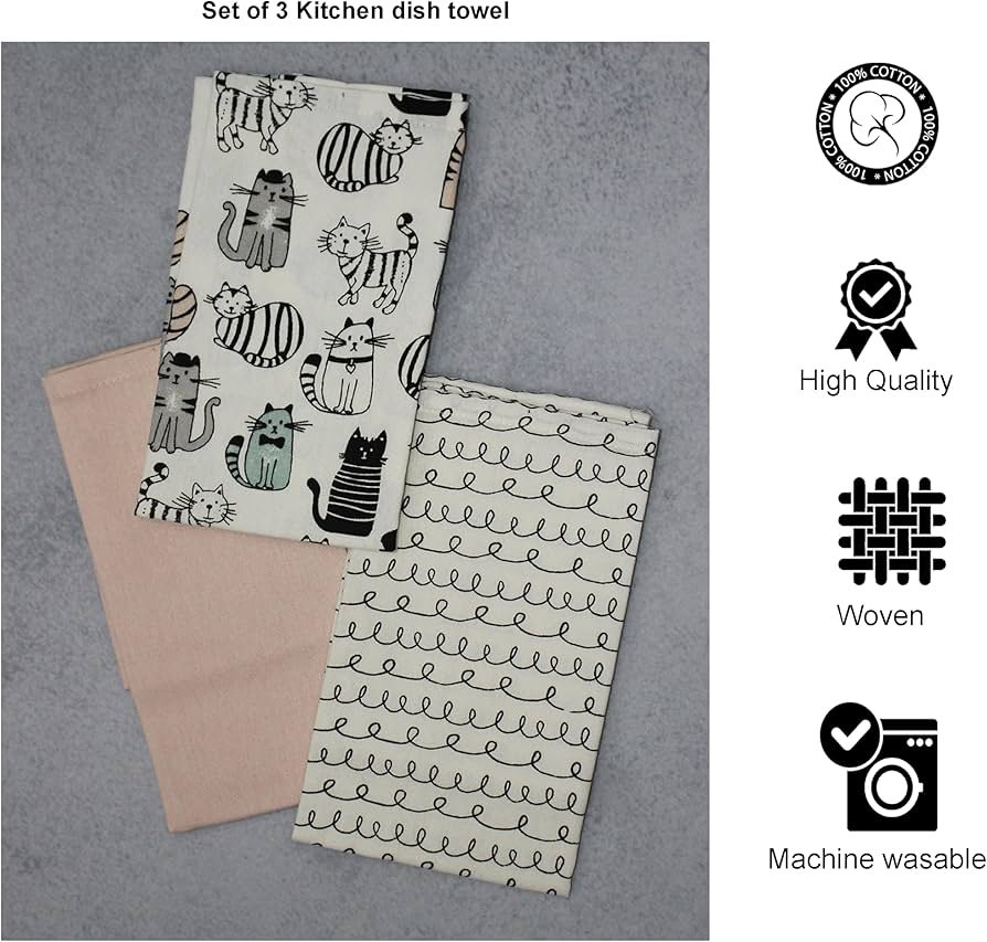 100_ Cotton Kitchen Dish Towels Set of 3 with High Absorbency _ 45 _ 65 cm Easy Wash Dish Cloth-Tea Towel Set to Dry Dishes, Wipe Table, and Use as Napkins.(Cute Cat Set) (3) - Image 3