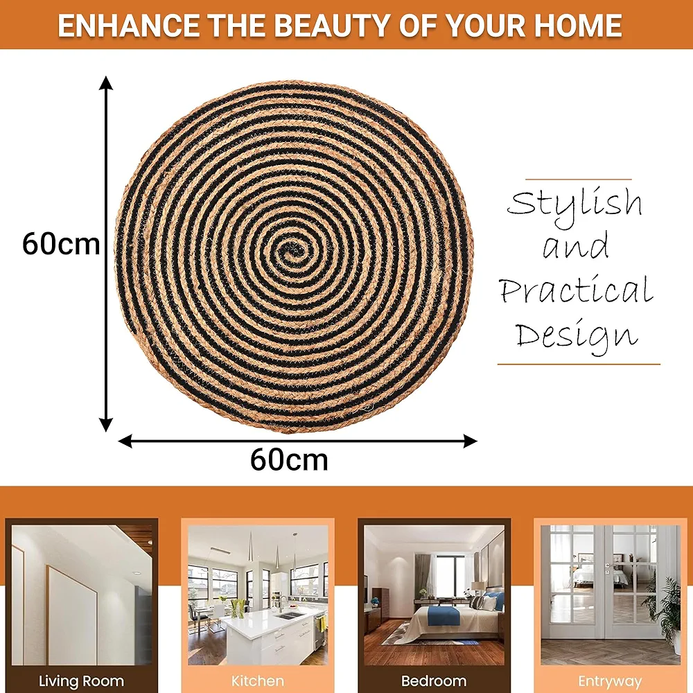 Pack of 3 Handwoven Jute Door Mats – 2x2 ft Round Spiral Floor Mats for Home Entrance, Living Room, Bedroom & Office Décor (Black & Brown) - Image 3