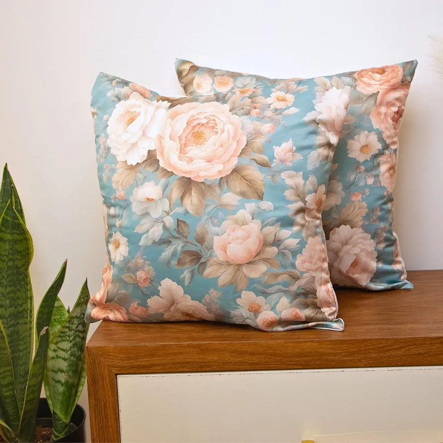 Satin Cushion Cover 16x16 Inches – Retro Floral Blossoms | Modern Printed Design with Zipper Closure