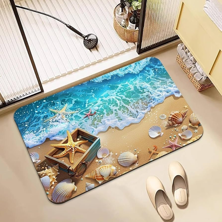 3D High Pile Non-Slip Bathroom Mat - Water Absorbent Rubber Shower Rug for Kitchen & Home (Starfish Design)