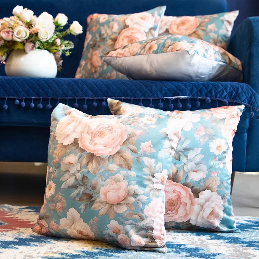 Satin Cushion Cover 16x16 Inches – Retro Floral Blossoms | Modern Printed Design with Zipper Closure - Image 5