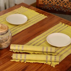 Handmade Dining Table Mats Set of 4_ Natural Grass Dinner Placemats for Dining Table _ Heat Resistant _ Non Slippery _ 12x18 inches (4Placemats,Lemon Yellow and Purple)