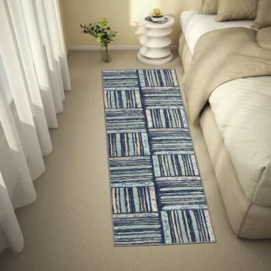 Blue Tufted Runner Rug – 2x5 ft, Anti-Skid, Machine Washable, for Living Room, Bedroom & Office