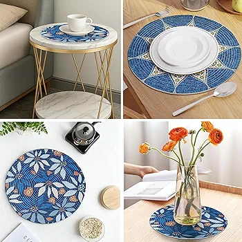 6-Piece Round Printed Placemat Set | Heat-Resistant Table Mats for Dining & Coffee Table | Botanical Blue Design | 36x36 cm - Image 5