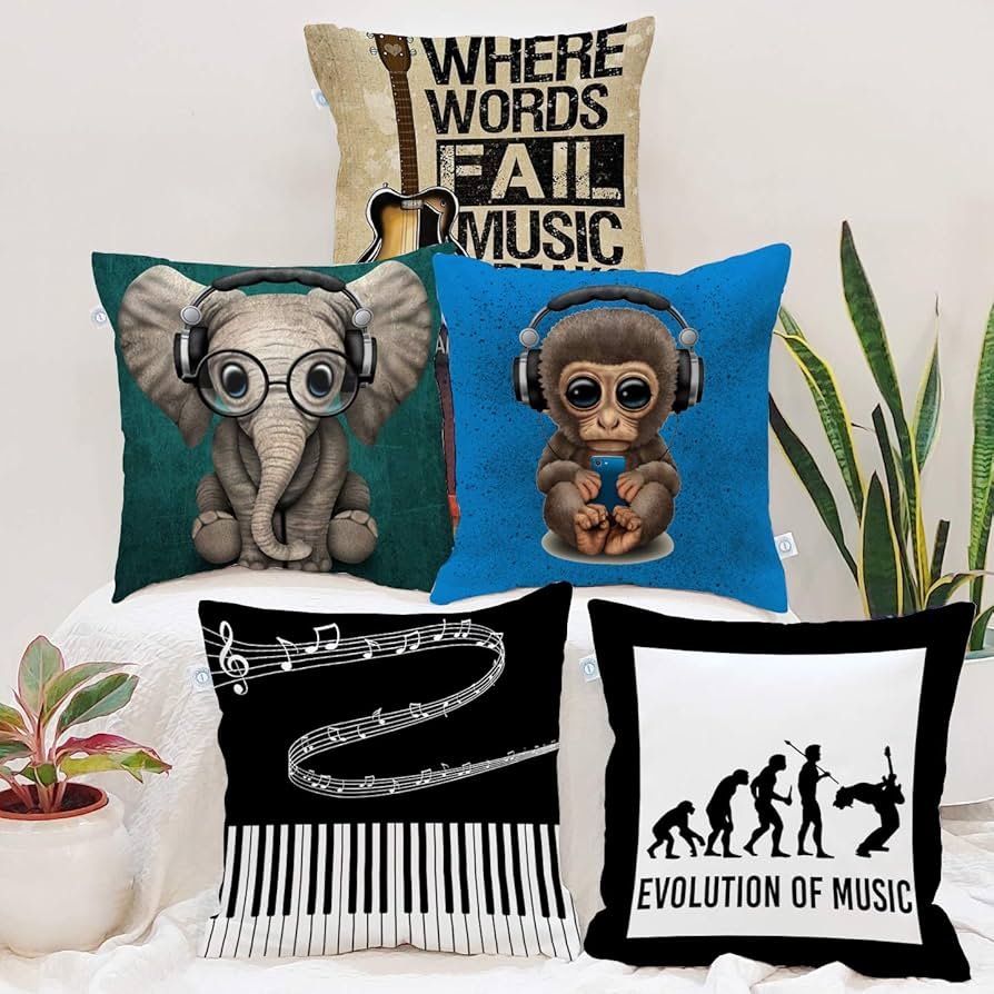 Jute Cushion Cover Set of 5 (16x16 Inches) – Music Print | Durable & Versatile Home Décor - Image 2