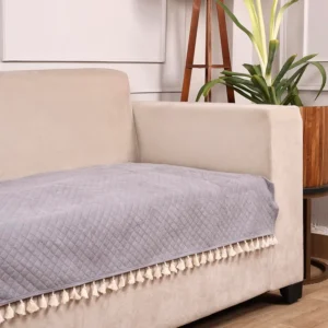 Grey Quilted Velvet Sofa Cover – Washable, Tassels, Luxurious & Durable