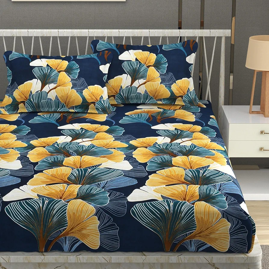 Heavy Cotton Elastic Fitted Bedsheet with 2 King Size Pillow Covers – 350 TC, 72 x 78 x 10 Inch, Green Mushroom - Image 6