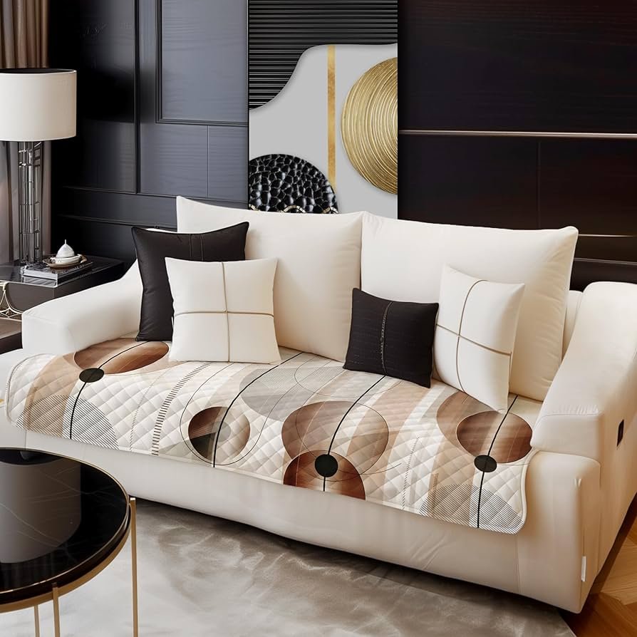 Premium Quilted Velvet Sofa Cover Mat | Printed Couch Seat Runner for 5-Seater Sofa (Golden Circle)
