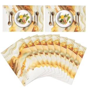 12-Piece Wipeable & Reusable PVC Placemats | Marble Print Cream & Gold | Dining Table Food Mats for Home, Bedroom & Kitchen