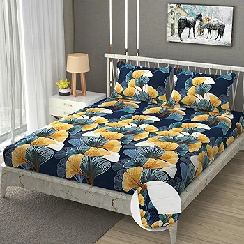 Heavy Cotton Elastic Fitted Bedsheet with 2 King Size Pillow Covers – 350 TC, 72 x 78 x 10 Inch, Green Mushroom - Image 4