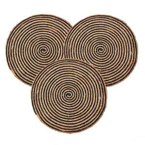 Pack of 3 Handwoven Jute Door Mats – 2x2 ft Round Spiral Floor Mats for Home Entrance, Living Room, Bedroom & Office Décor (Black & Brown)