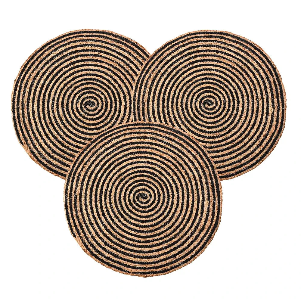 Pack of 3 Handwoven Jute Door Mats – 2x2 ft Round Spiral Floor Mats for Home Entrance, Living Room, Bedroom & Office Décor (Black & Brown)