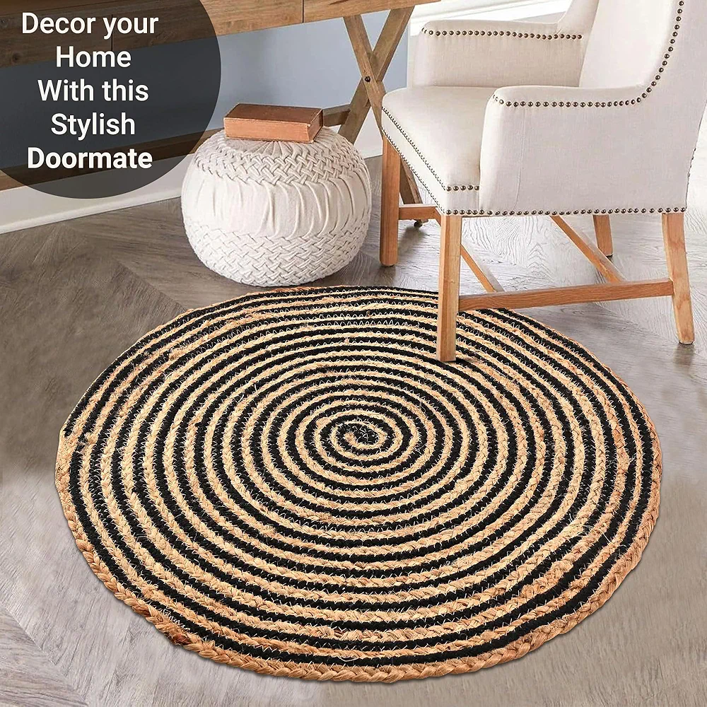 Pack of 3 Handwoven Jute Door Mats – 2x2 ft Round Spiral Floor Mats for Home Entrance, Living Room, Bedroom & Office Décor (Black & Brown) - Image 2