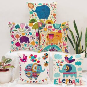 Unique Cute Elephant Cartoon Blue Printed Canvas Cotton Cushion Covers, Set of 5 (16 x 16 Inches)