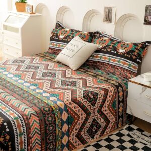 Double Bed Queen Size 240TC Satin Finish, Microfiber Double Bed bedsheet, 225X250cm with 2 Pillow Covers, Beige & Black, Aztec _ Perfect for Festive Gifting