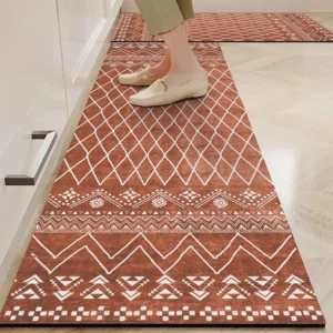 Kitchen Floor Mats Pack of 2 | Water-Absorbent Rubber Rugs for Kitchen, Office, Sink & Laundry | Geometric Orange (118x38 cm & 58x38 cm)