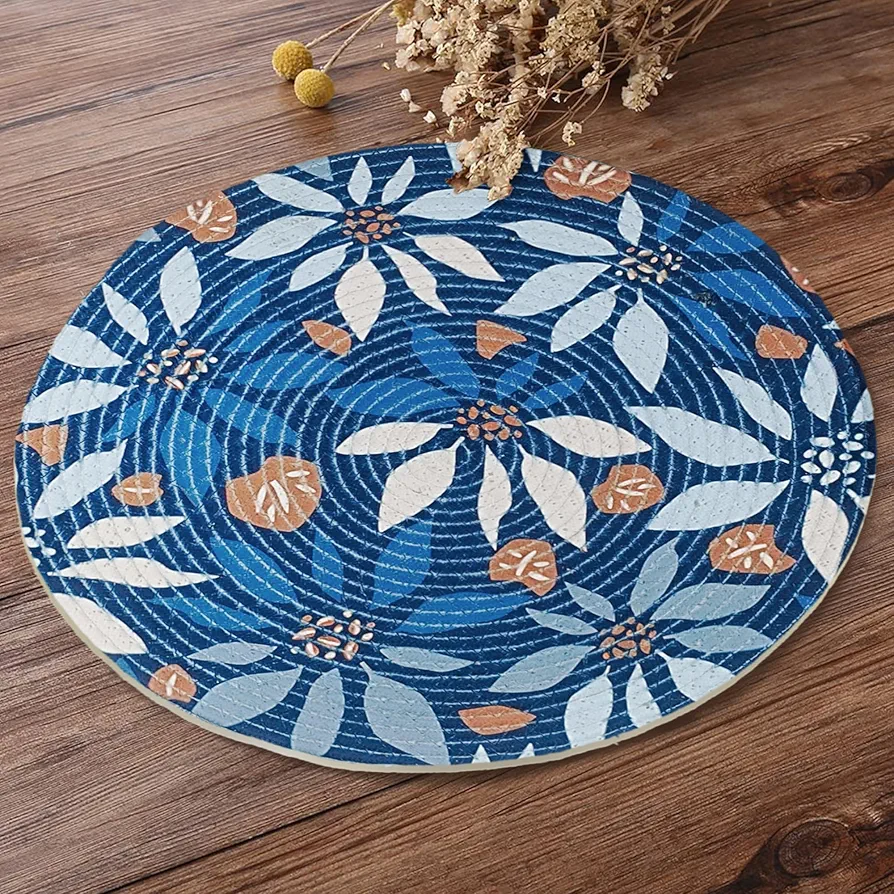 6-Piece Round Printed Placemat Set | Heat-Resistant Table Mats for Dining & Coffee Table | Botanical Blue Design | 36x36 cm