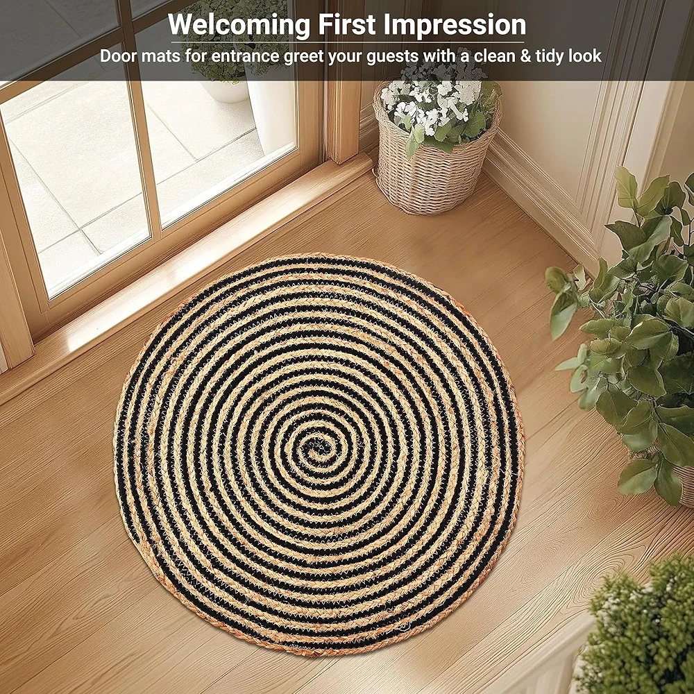 Pack of 3 Handwoven Jute Door Mats – 2x2 ft Round Spiral Floor Mats for Home Entrance, Living Room, Bedroom & Office Décor (Black & Brown) - Image 4