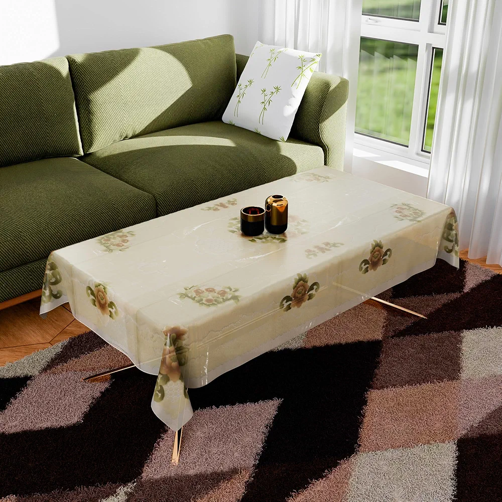 PVC Table Cloth Cover | 4-Seater Center Table Protector | Flower Almond Design | Waterproof Table Cover | 40x60 Inch (Cream) - Image 2