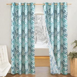75% Blackout Leaf Print Door Curtains Pack of 2 - White & Blue