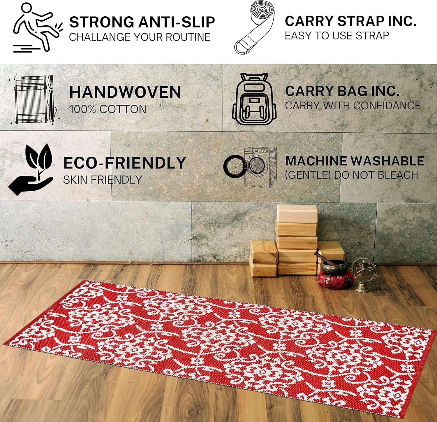 Organic Cotton Yoga Mat for Home & Gym – 8mm Thick, Extra Large Non-Slip Backing with Carry Bag & Strap (Red) - Image 3