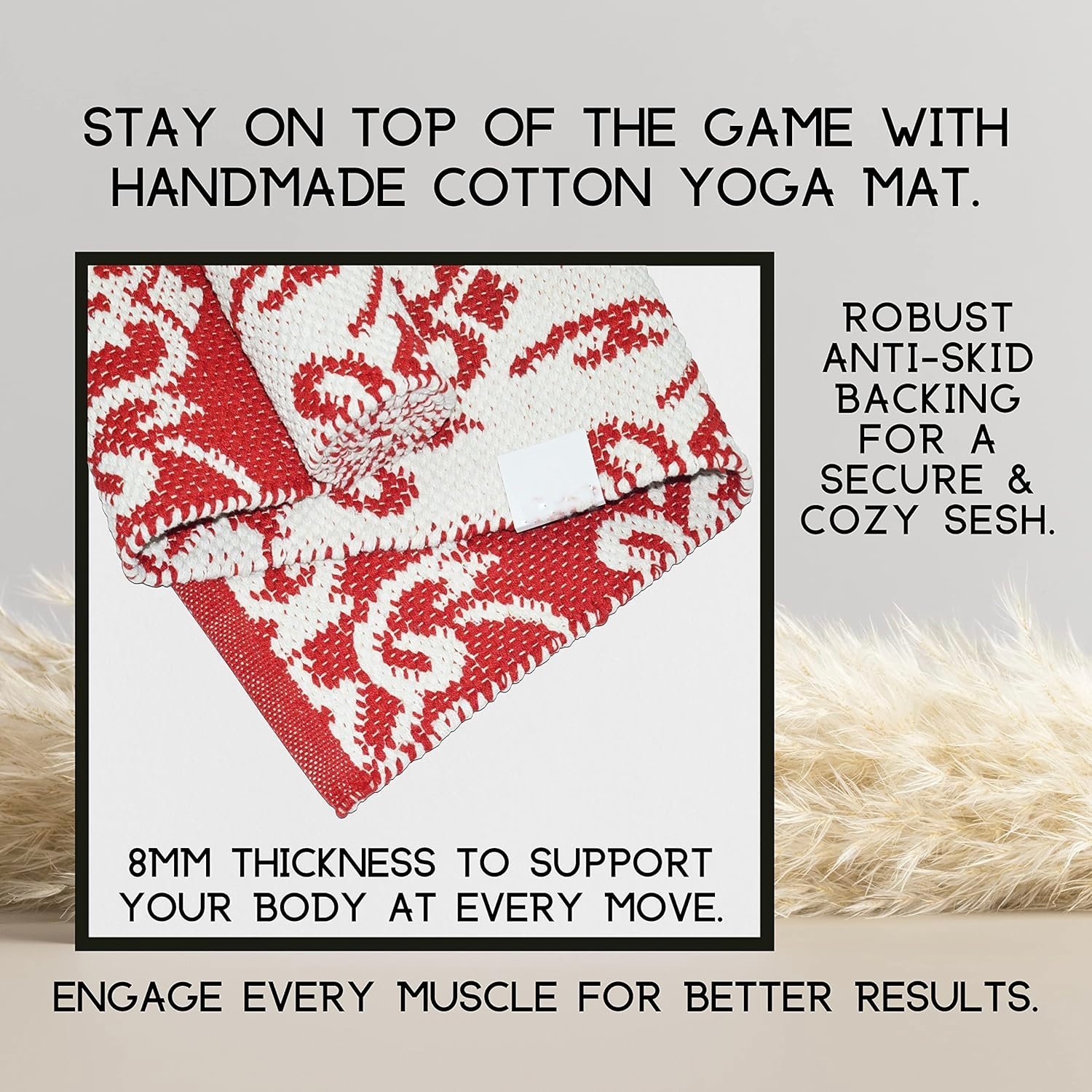 Organic Cotton Yoga Mat for Home & Gym – 8mm Thick, Extra Large Non-Slip Backing with Carry Bag & Strap (Red) - Image 5