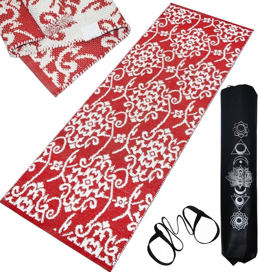 Organic Cotton Yoga Mat for Home & Gym – 8mm Thick, Extra Large Non-Slip Backing with Carry Bag & Strap (Red)